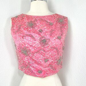 Vintage Neusteters Pink Beaded Sequins Cocktail Tank Top Small Lined Back Zipper